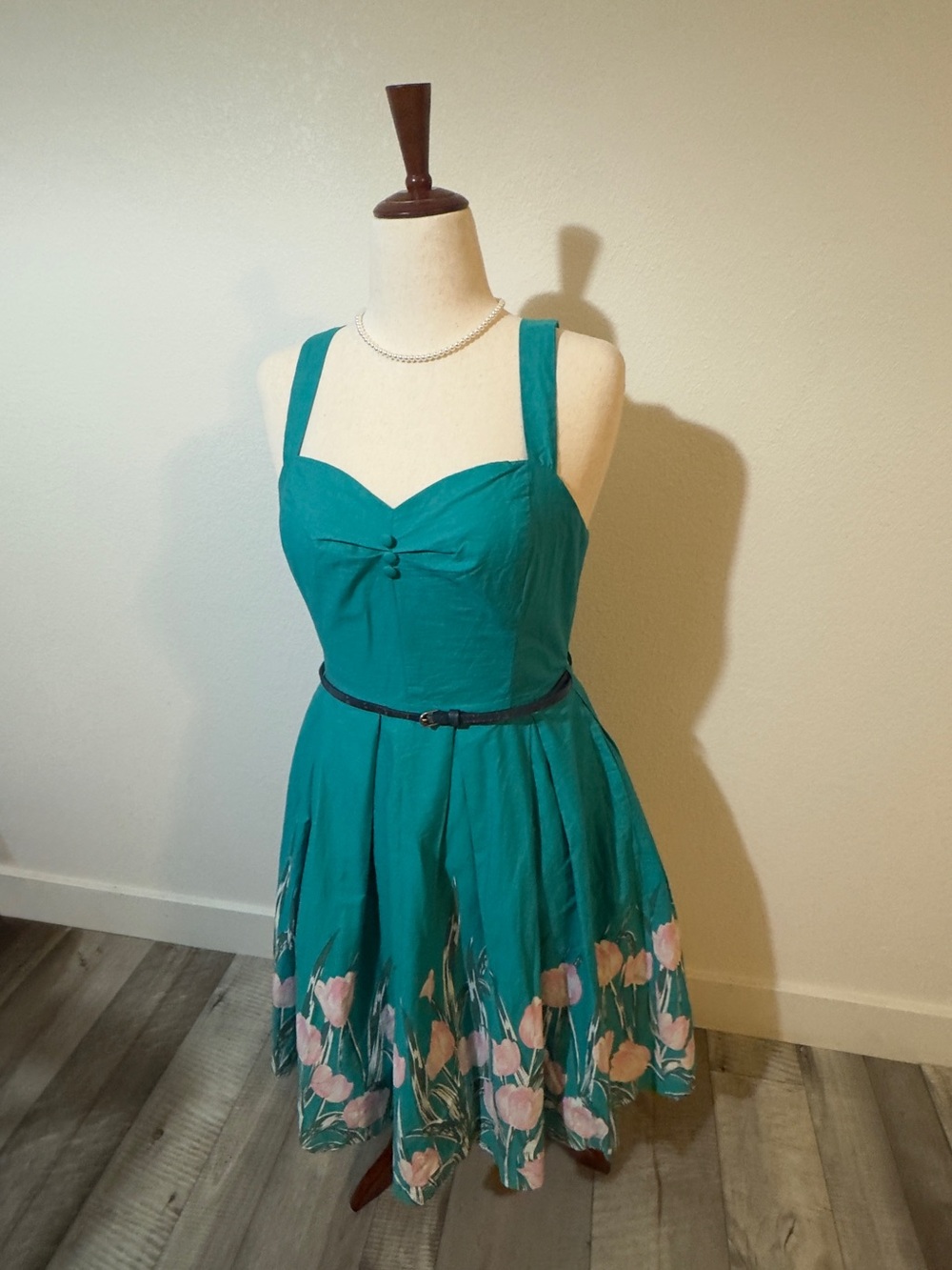 Lindy Bop Turquoise Midi Dress with Pink Tulip Floral Hem - Picture 3 of 7